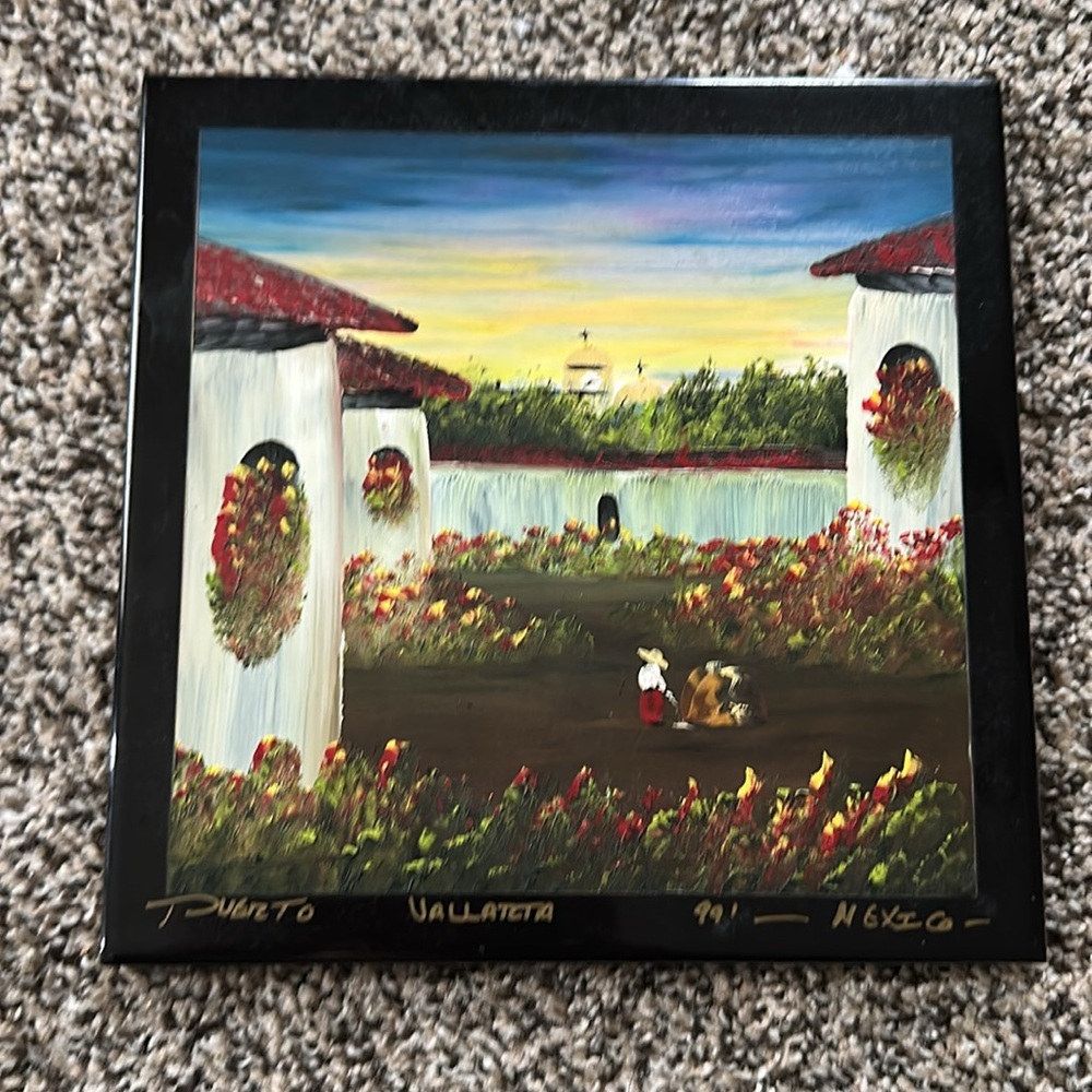 Puerto Vallarta Artwork Tile.  Colorful Landscape Painting with Black edging.
